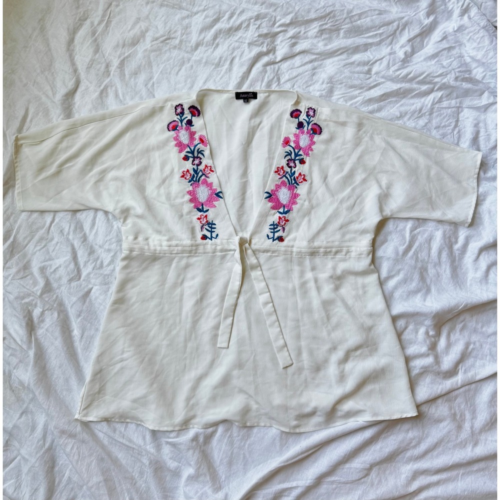 Amaryllis White Floral Embroidered Top Women's XS Boho Long Sleeve Kimona - Picture 1 of 5